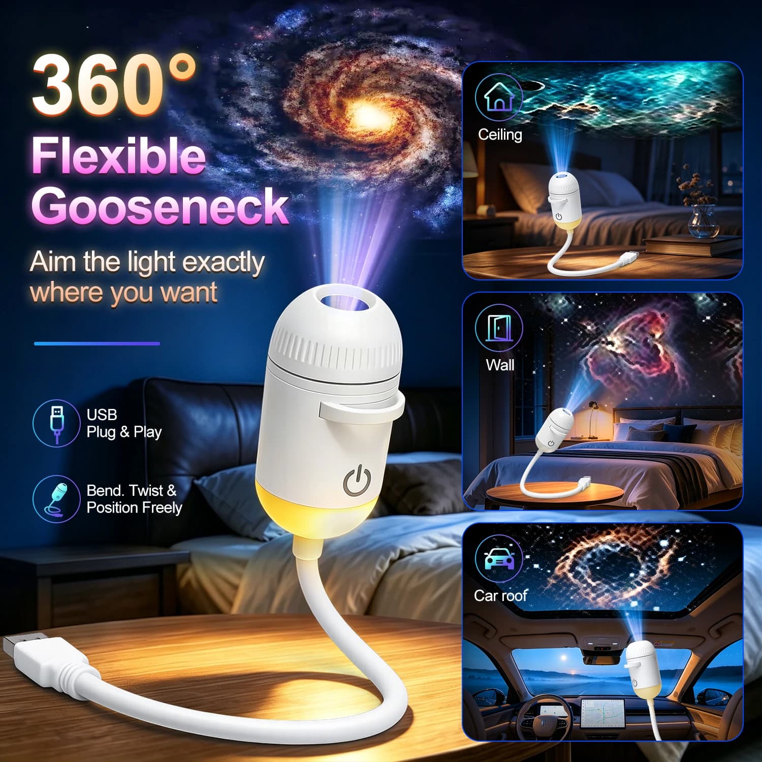 2 In 1 Usb Mini Galaxy Star Projector Night Light Optional Films Starry Sky Ambient Light For Car Home Decor For Adults And Kids