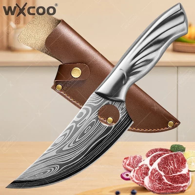 Coltello da Cucina WXCOO in Acciaio Damascato per Tagliare Frutta, Verdura, Pesce, Carne, Disossare, Accesoio da Macellaio con Lama Laser