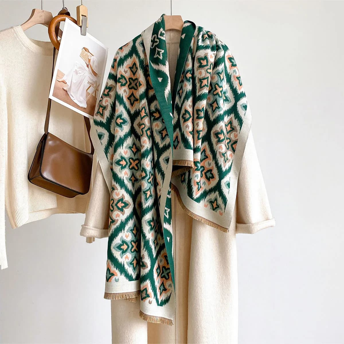 Women Reversible Imitation Cashmere Scarf Winter Thick Warm Vintage Large Blanket Shawl Wrap Floral Print Ladies Neck Scarves