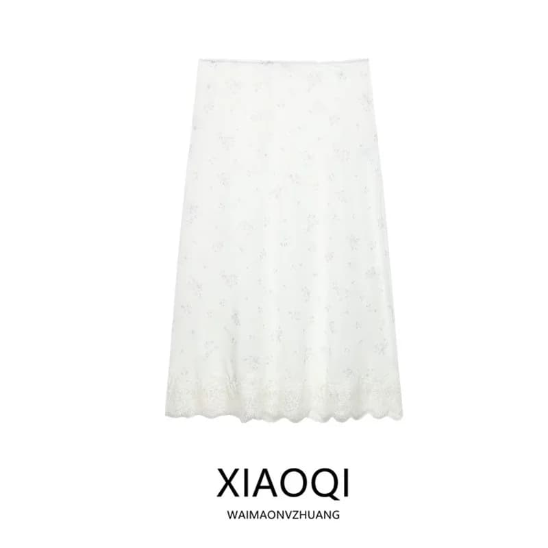 Gonna a vita alta in nylon con pizzo floreale, nuova collezione primavera estate, gonna a mezza lunghezza versatile da donna, modello a trapezio