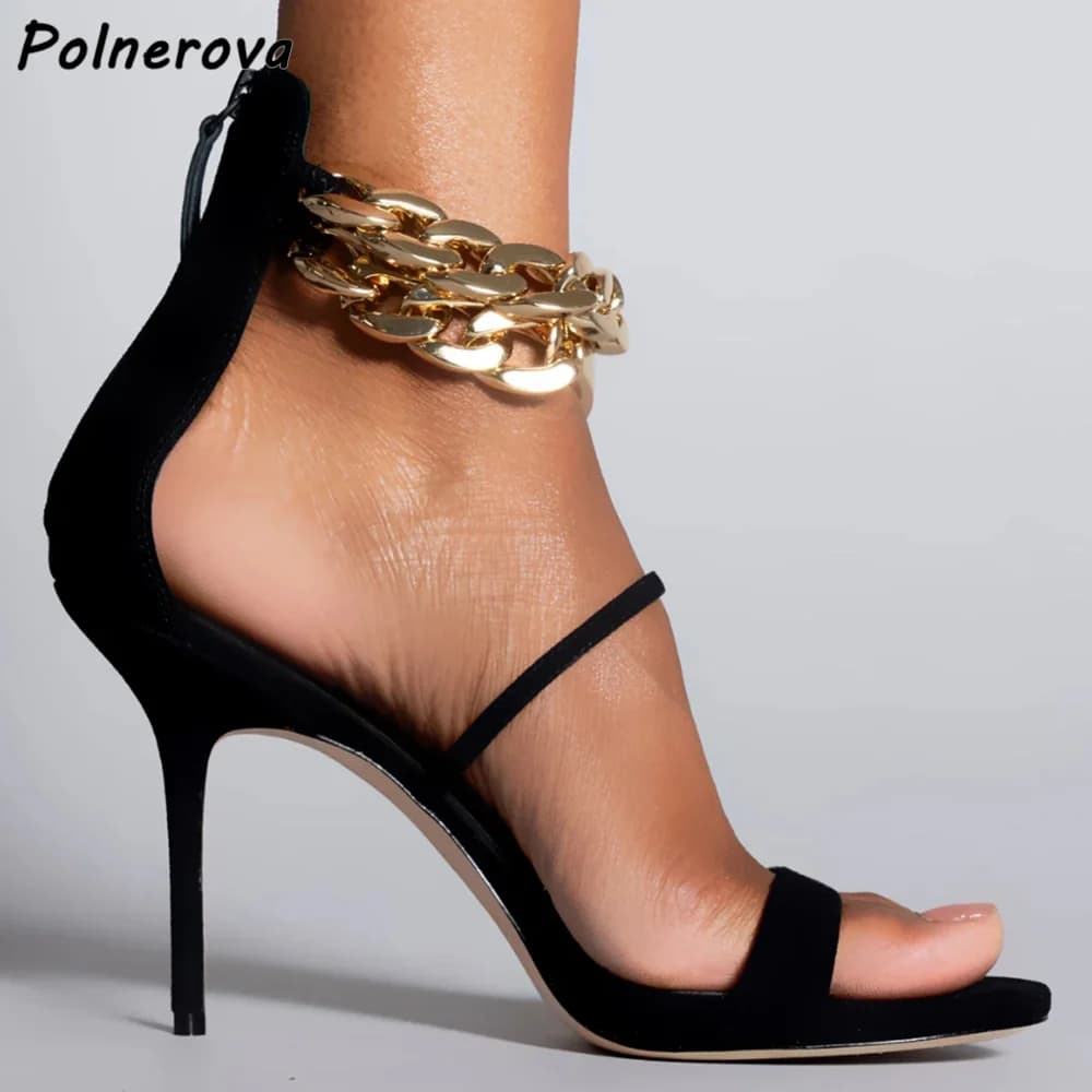 Black Metal Chains Sandals Straight Strap Back Zipper Solid Pink Apricot Round Toe Thin Heels Shoes Women's Summer Suede Sandals