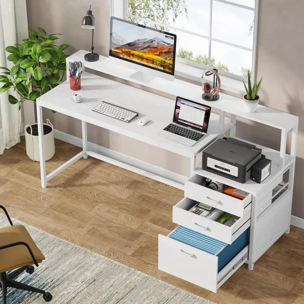 t Scrivania per computer da 63 pollici con cassetto portadocumenti, scrivania da ufficio ergonomica con supporto per monitor, tavolo per computer con stampante
