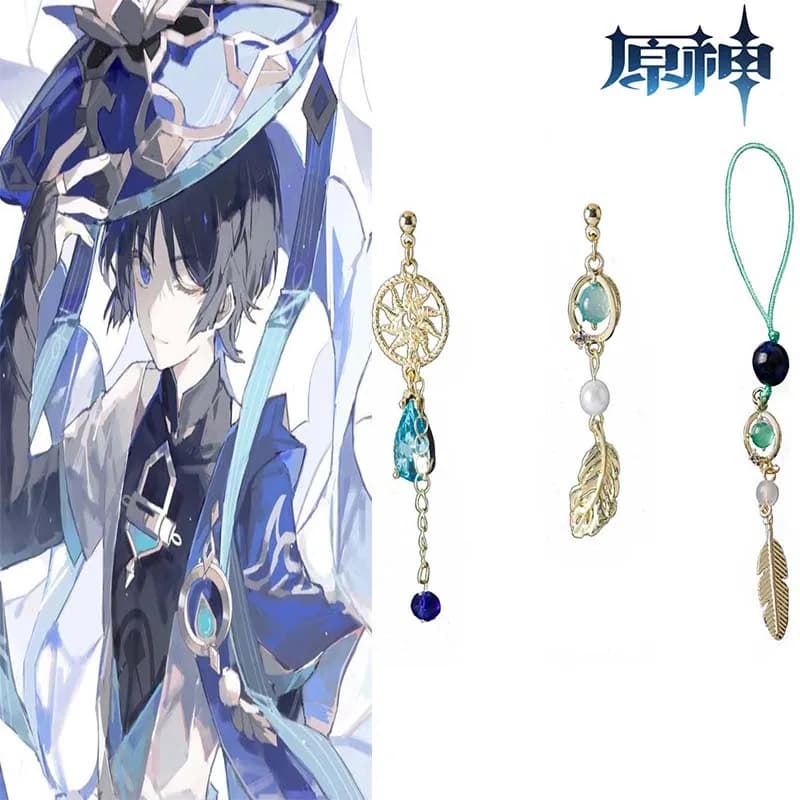 game cosplay leaf tassel waterdrop earring anime Scaramouche Wanderer asymmetric earstud keychain jewelry accessories fans gifts
