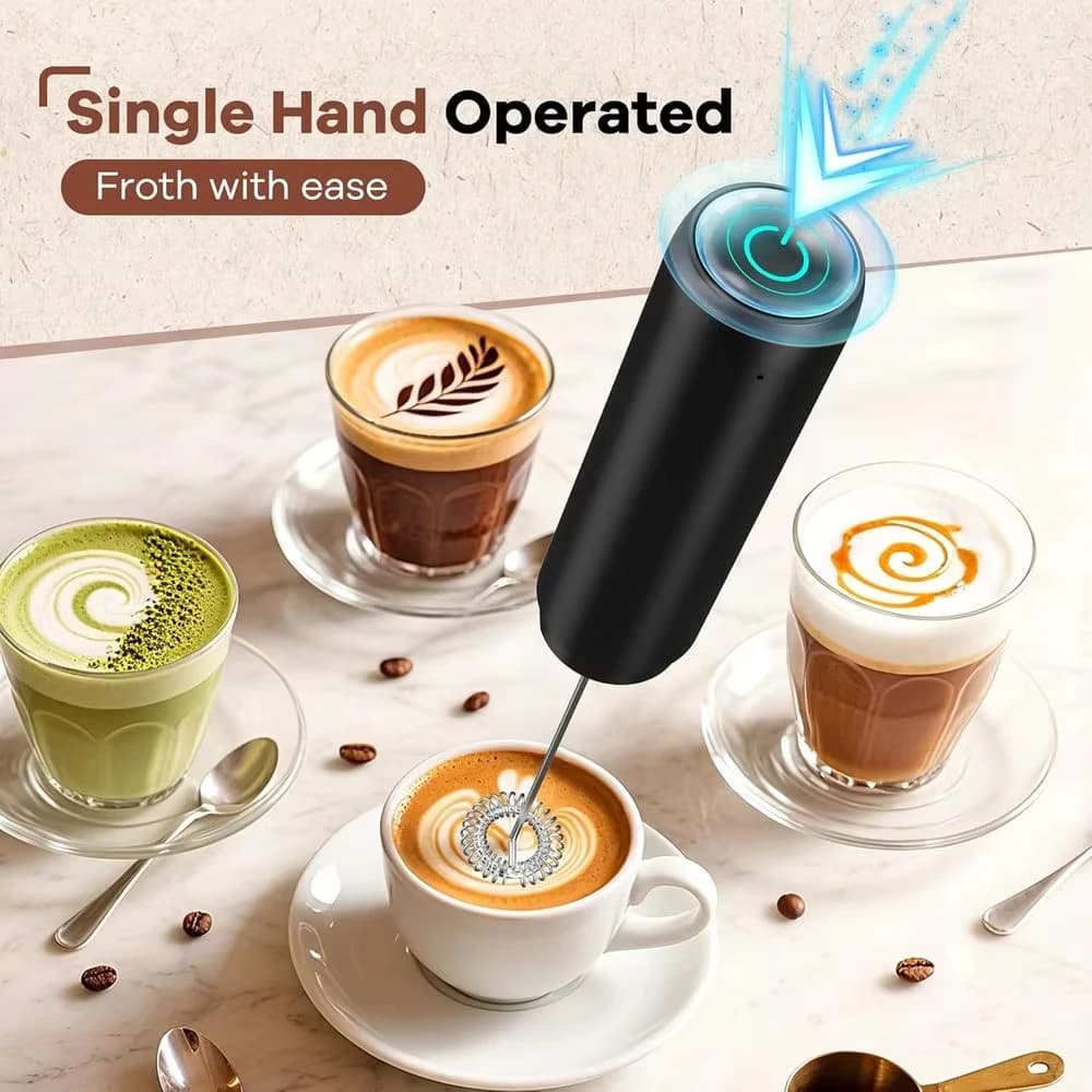 Montalatte elettrico portatile, ideale per caffè, matcha e cioccolata calda, adatto anche per preparare bevande.