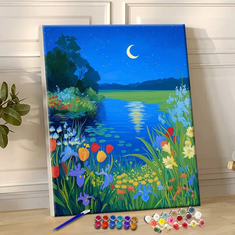 Painting By Numbers River at Night Acrylic Paint Canvas Dropshipping Portrait Family Children Photo Christmas gifts