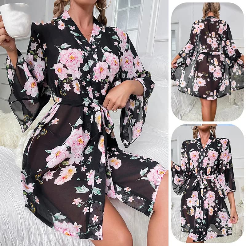 Summer Kimono Bathrobe Bride Wedding V-Neck Sleepwear Bath Gown Homewear Women Print Robe Nightwear Home Dress Loungewear