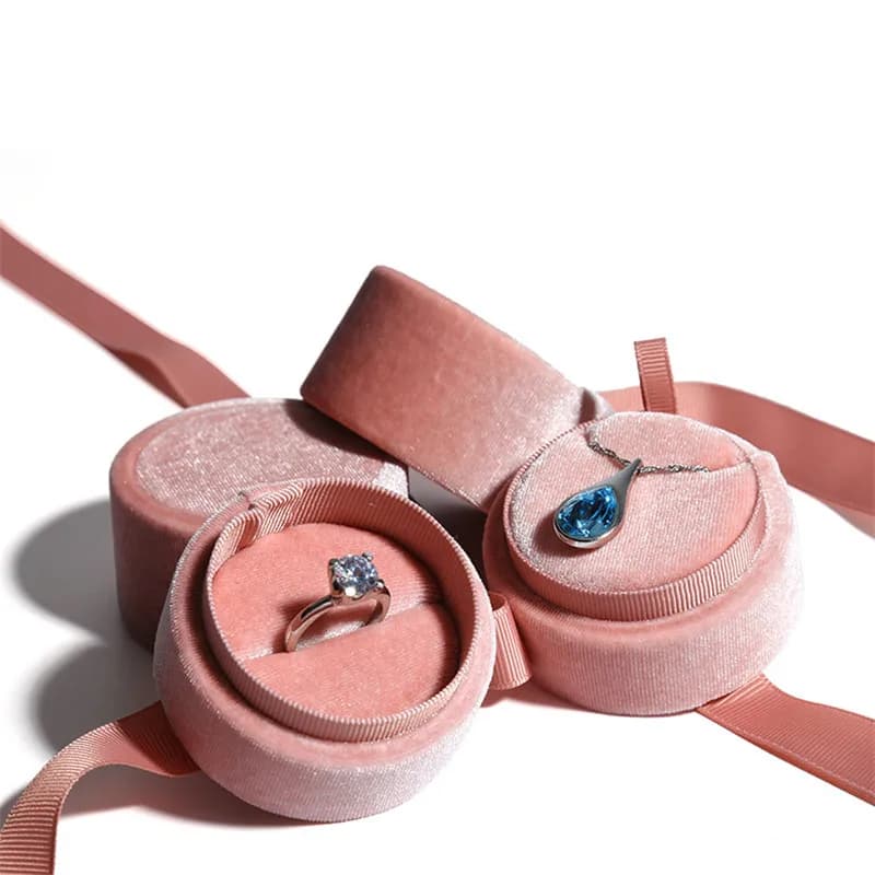 Delicate scatole per collane con ciondolo in velluto vintage fatte a mano, confezione regalo, scatole per anelli con nastro rosa, confezione di gioielli di alta qualità