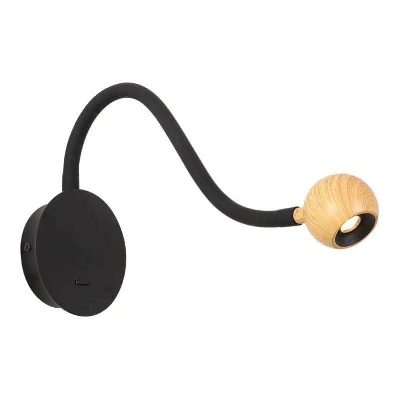Lampada da parete moderna semplice con bulbo oculare nero con tubo regolabile, venature del legno, camera da letto, studio, protezione per gli occhi, lampada da lettura, lampada da comodino dell'hotel
