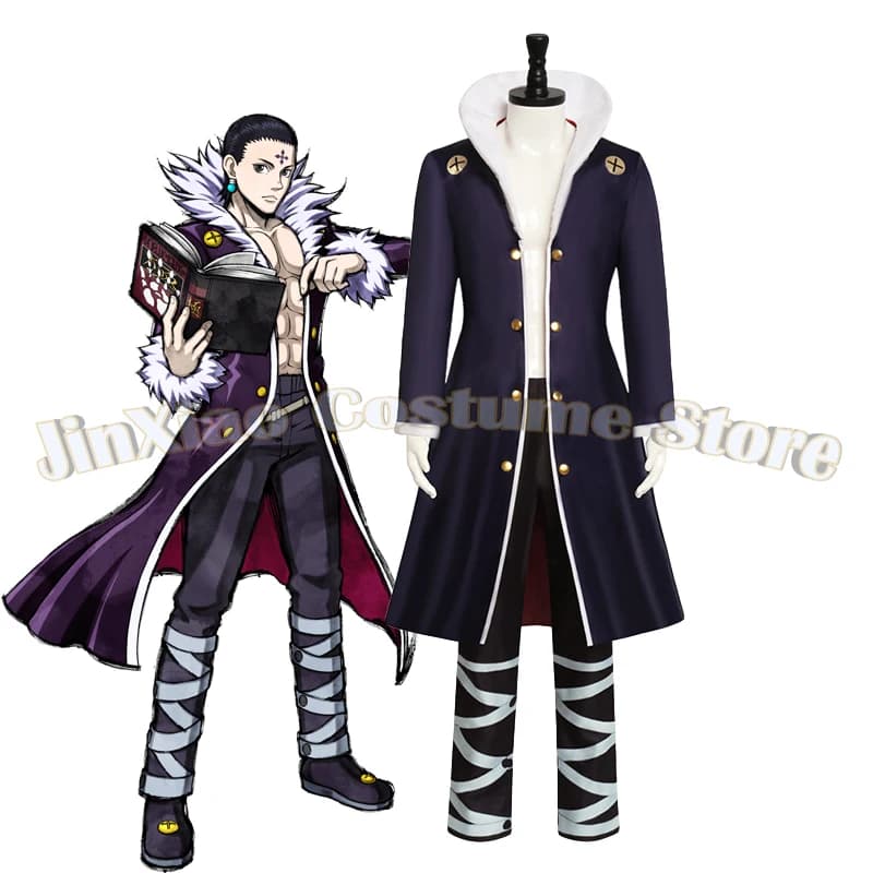 Costume Cosplay Anime Chrollo Lucilfer HUNTER Uniform of the Fantasma Troupe, Trench Long Dark Men's Wool with White Leather, Pants, Halloween Dress