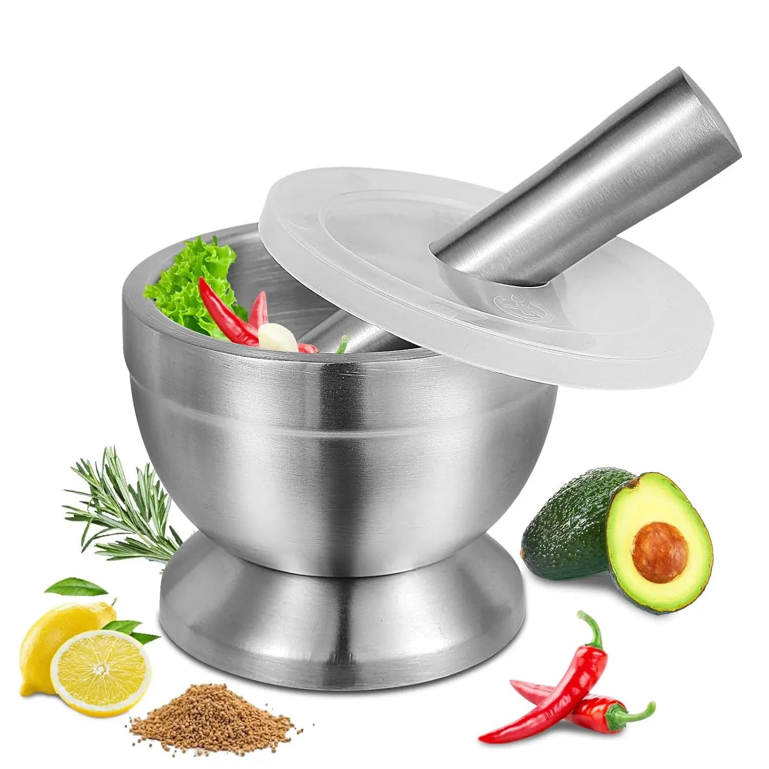 Set Mortaio e Pestello in Acciaio Inox 18/8 con Base Antiscivolo per Spezie, Erbe, Aglio, Schiacciare Pillole, Facile da Pulire