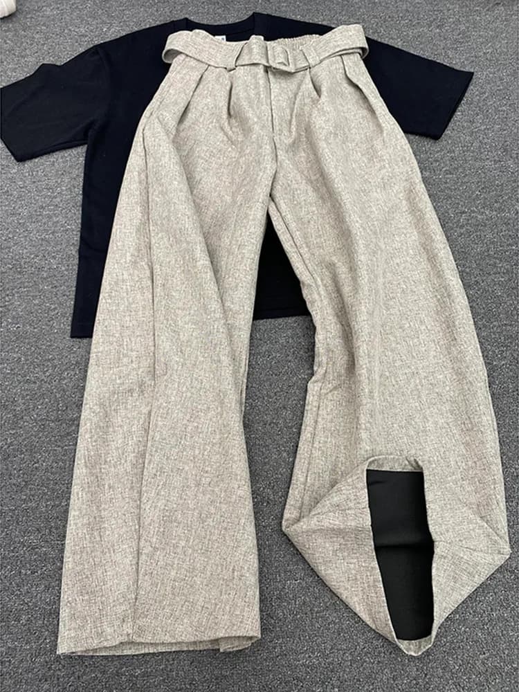 Casual Tailored Pants Men's Straight Leg Trousers with Belt Pleated Old Money Style Bend Knife Leisure Suit Casual Wear