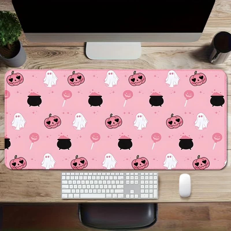 Tappetino da Scrivania con Fantasma e Zucca Rosa di Halloween, Tappetino per Mouse da Gaming Antiscivolo in Gomma per Ufficio