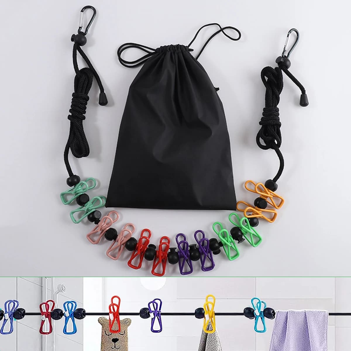 12 clip retractable stretcher with case – Portable drying line for travel, camping and laundry in dormitory