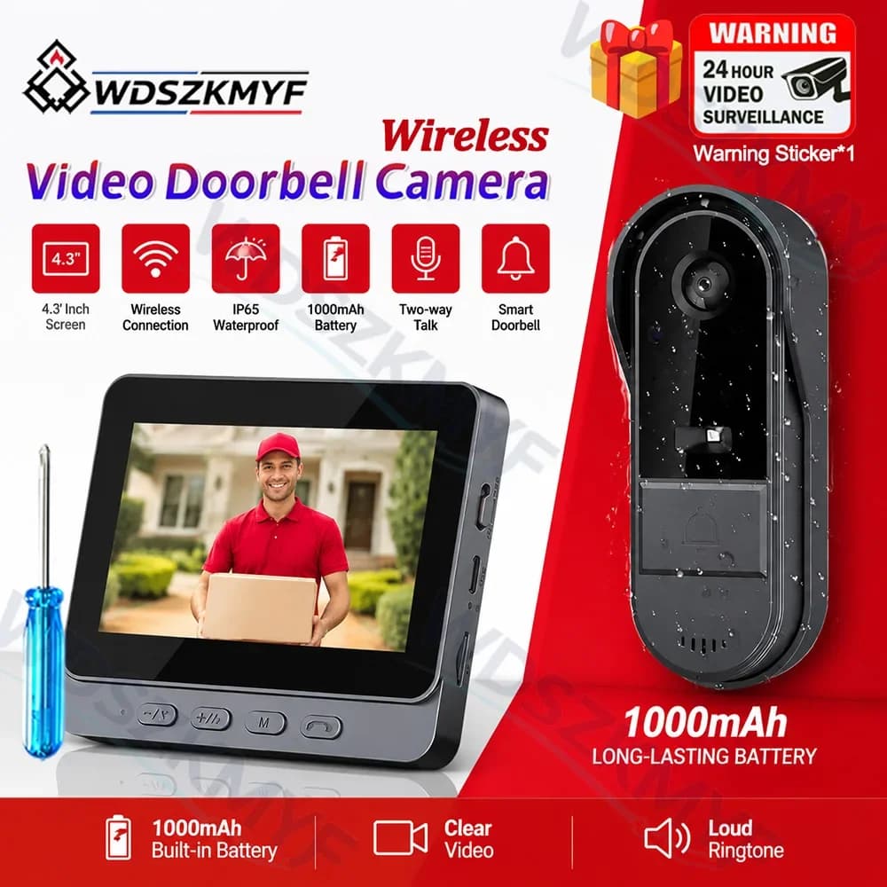 GiftWireless Wifi Doorbell Camera 4.3in IPS Screen HD Video Intercom Doorbell Waterproof Home Security Door Bell Night Vision