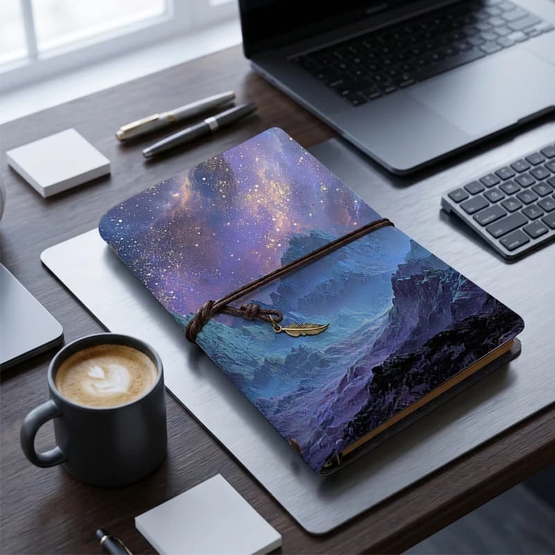 Galaxy Mountain Night Sky Journal A6-Vintage Leather Travel Notebook with Feather Charm Fantasy Landscape Starry Sky Hardcover D