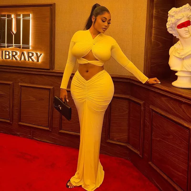 Solid Yellow Dress V Neck Sleeveless Two Piece Set Crop Top Skirt Long Maxi Dress Ruched Waist Hollow Out Dress Form Twisted