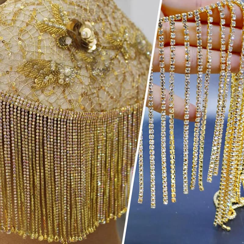 Nastro con Frange di Cristallo e Strass da 10 Cm, Bordo in Vetro Glitterato, Catena Metallica con Nappe, Applicazione Fai-da-Te per Scarpe e Pantaloni