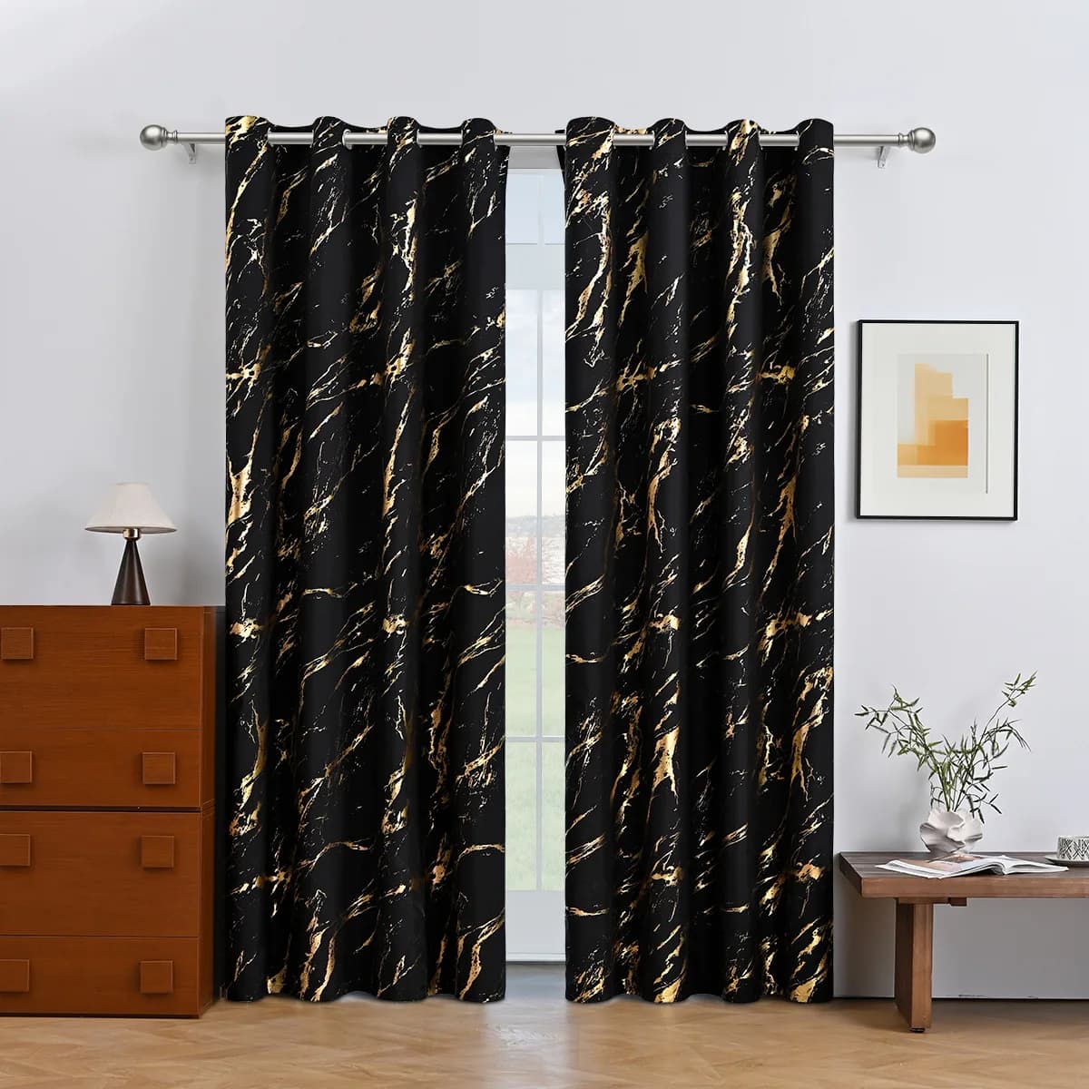 1/2Penals Blackout Curtains Gold Foil Print Wave Line Grommet Drapes, Room Darkening Thermal Insulated Eyelets Curtains