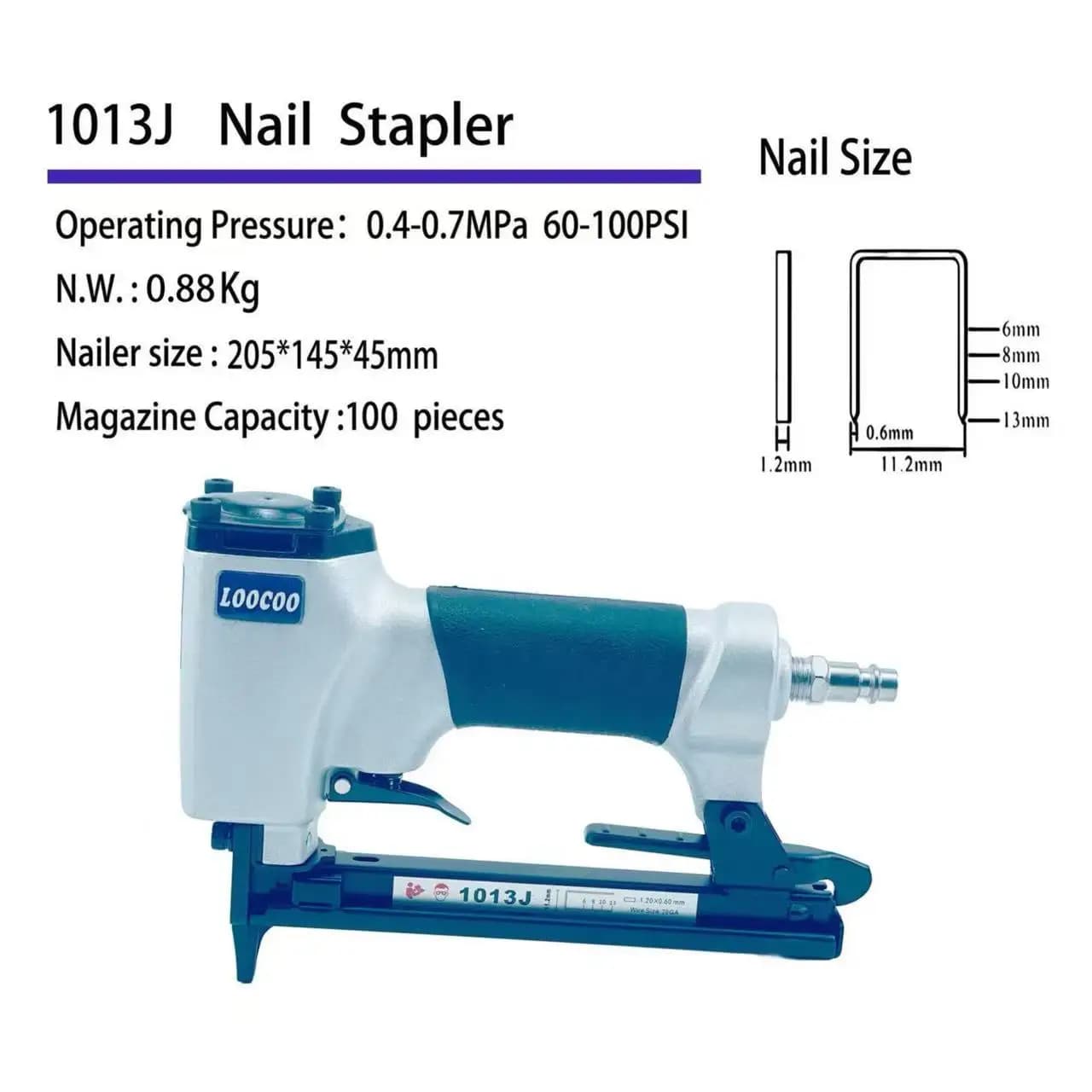 LOOCOO-1013J Cucitrice pneumatica 20GA Pistola sparachiodi ad aria tipo U per la decorazione di mobili Fissaggio in pelle Imballaggio per la lavorazione del legno