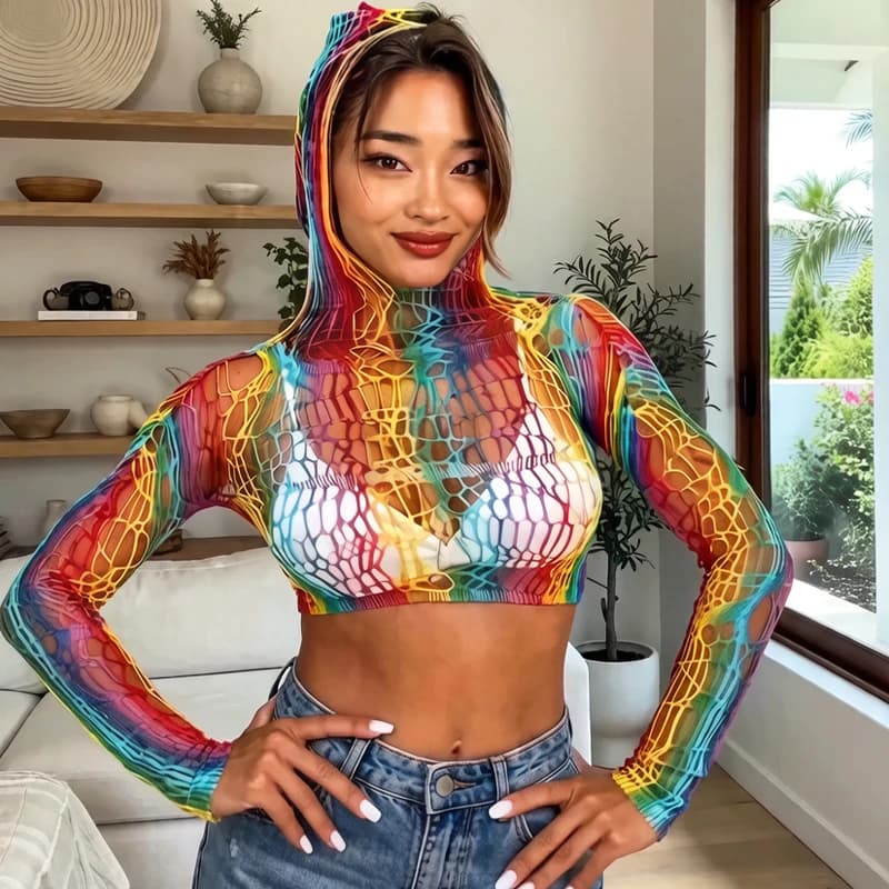 Top estivo da donna aderente, copricostume da spiaggia traforato, abbigliamento da mare senza intimo, vestito in rete trasparente, costume da bagno per festival musicali