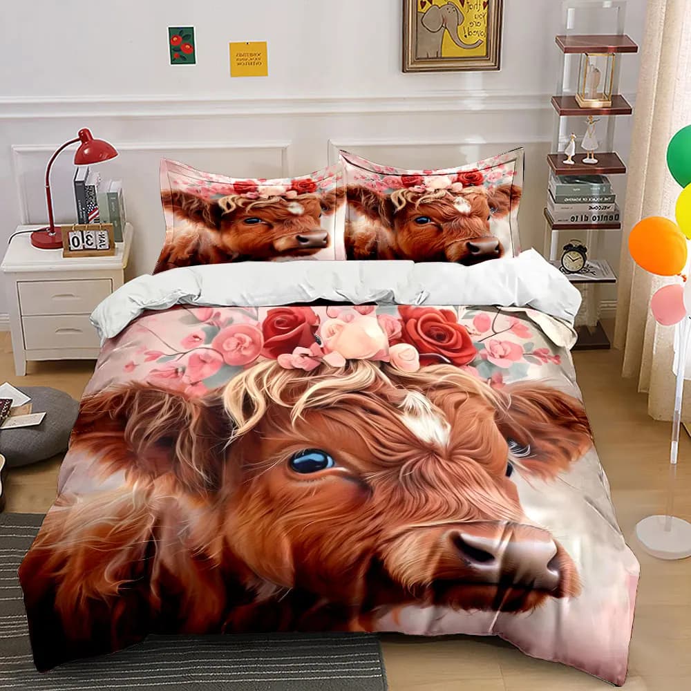 Cute calf with flower crown Print Bedding Set 1 Duvet Cover 2 Pillowcases for Adult and Children Luxury Gift Full Size
