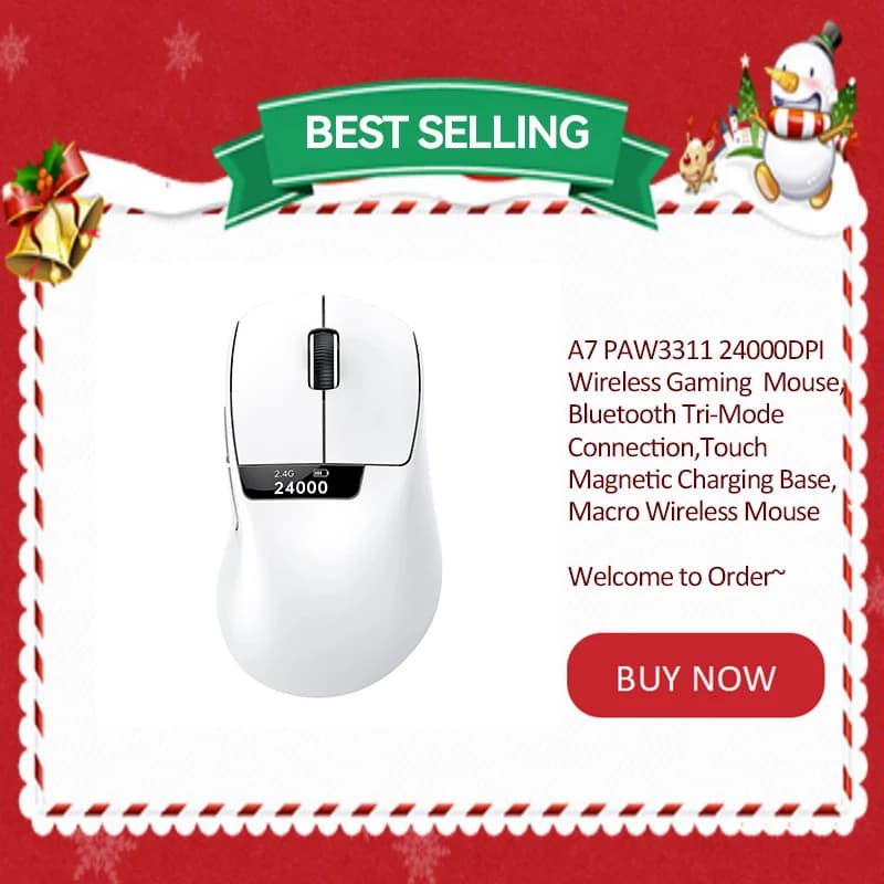 Wireless Mouse A7 PAW3311 24000 DPI, Tri-Mode connection, magnetic charging base, macro game mouse