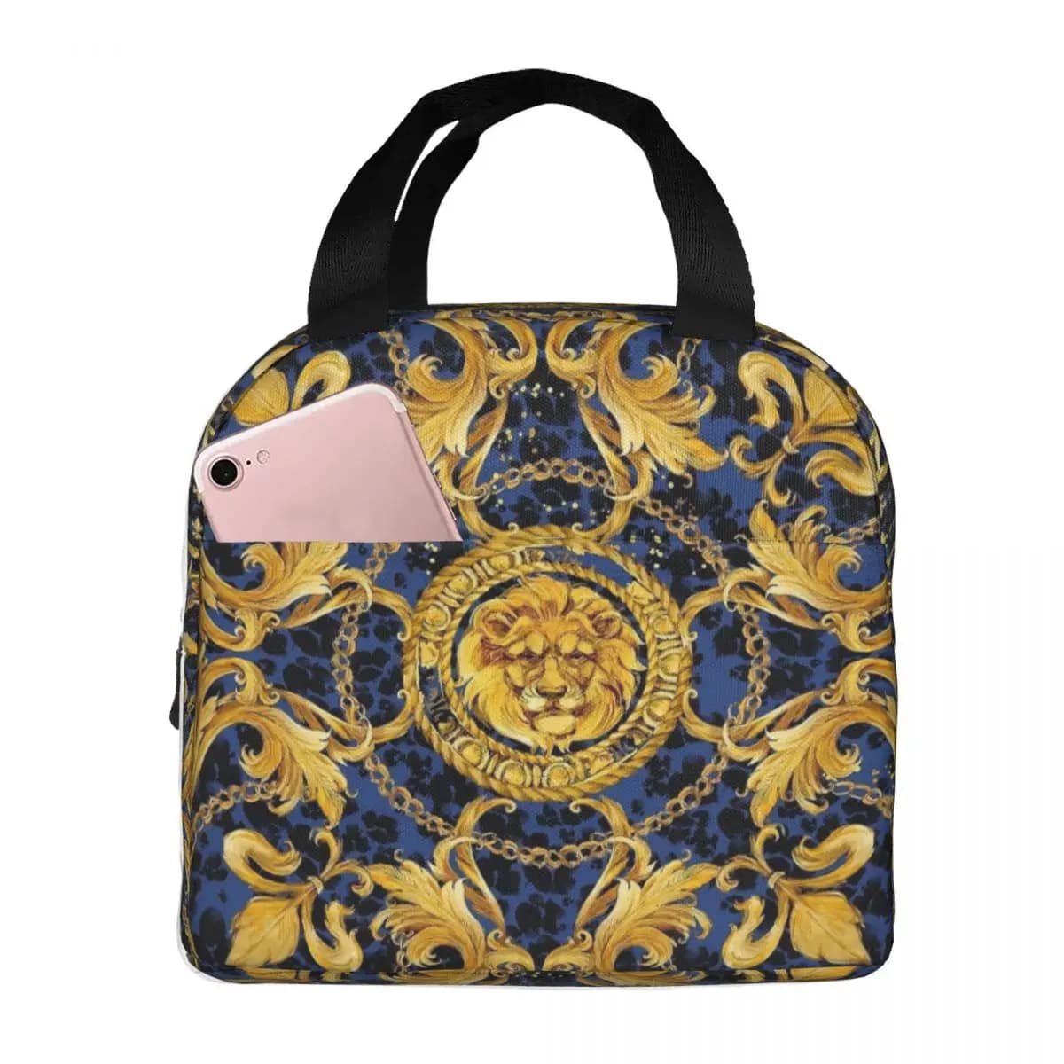 Borse per il pranzo isolate con ornamento damascato leone dorato Borsa termica riutilizzabile grande barocca Tote Lunch Box Borse per alimenti all'aperto per ufficio
