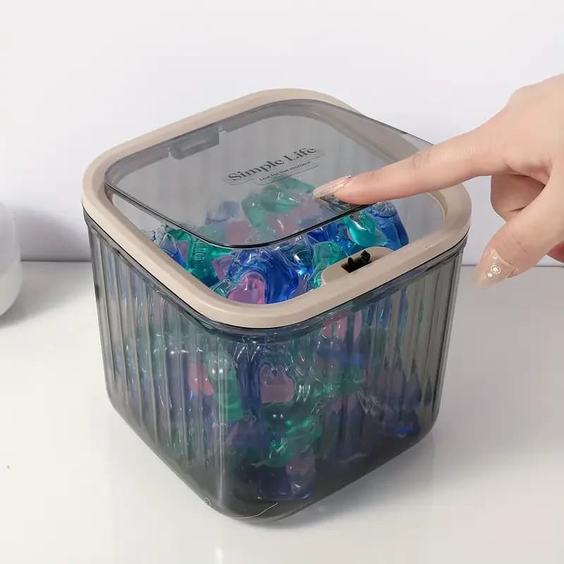Mini scatola portaoggetti da tavolo trasparente da 1 pezzo, con coperchio pop-up, contenitore portaoggetti multifunzionale impermeabile, scatola portaoggetti per dispenser di detersivo per perline e macchie, adatto per desktop, cucina, tavolo da pranzo, contenitore per il bagno