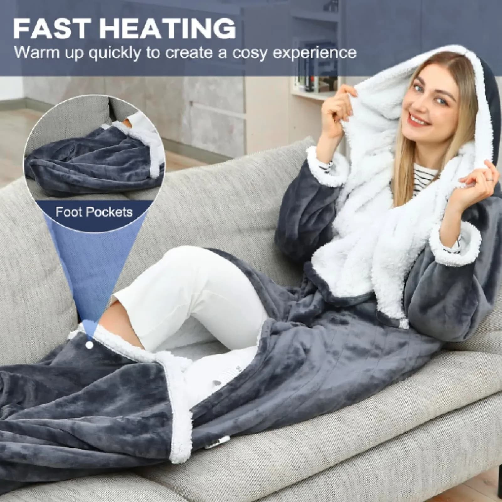 Coperta Riscaldata con Maniche, Cappuccio e Tasca per i Piedi in Flanella, 10 Livelli di Riscaldamento, Coperta Elettrica Indossabile con 3 Impostazioni di Tempo