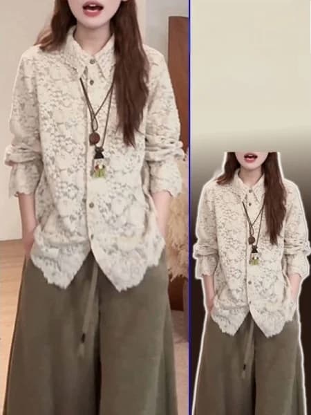 Lace Embroidered Oversized Long Sleeve Shirt Beautiful Base Layer Inner Wear for plus Size Women Conceals Flattering Slimming