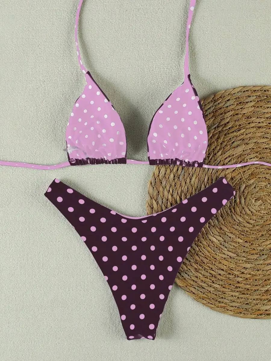 Costume da bagno bikini viola a pois con allacciatura al collo da donna per vacanze al mare