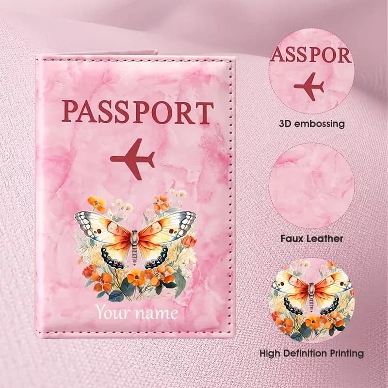 Personalized Name Butterfly Floral Art Design Passport Holder, Featuring an Orange Butterfly and Floral Pattern That Presents