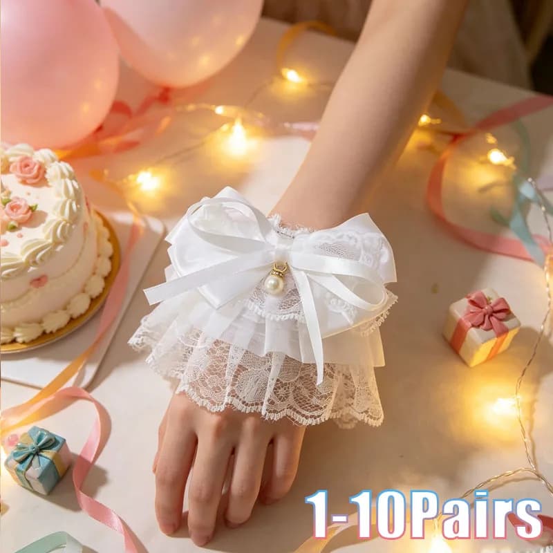1-10Pairs Lace Bow Pearl Wrist Band Sweet Girl JK Style Arm Sleeve Cosplay Party Daily Wear Cute Bracelet Hand Accessory