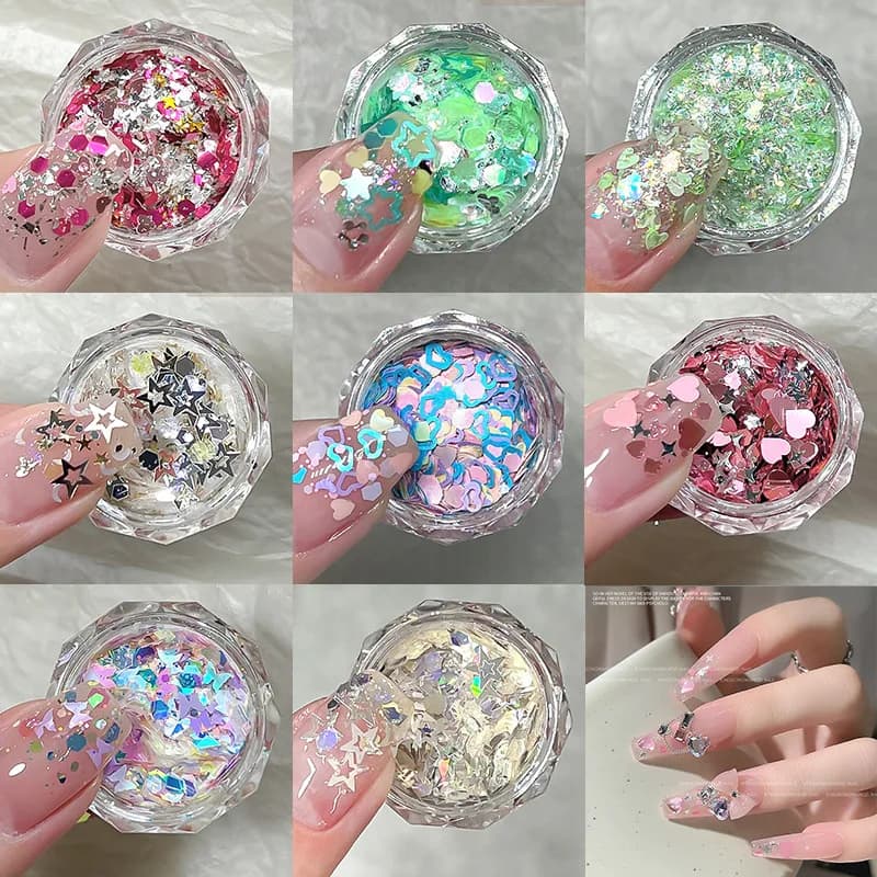 1Pc Forme Miste Sparkle Glitter Per Unghie Paillettes Smalto Stella Cuore Esagono Glitter Per Unghie Decalcomanie 3D Per Unghie Brillanti Decorazioni