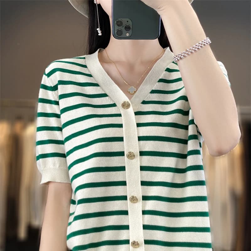 Women's T-Shirt Summer 100% Cotton Sweater Short Sleeve Striped Knitted Round Neck Ladies Tops Loose Blouse Pullover Tees