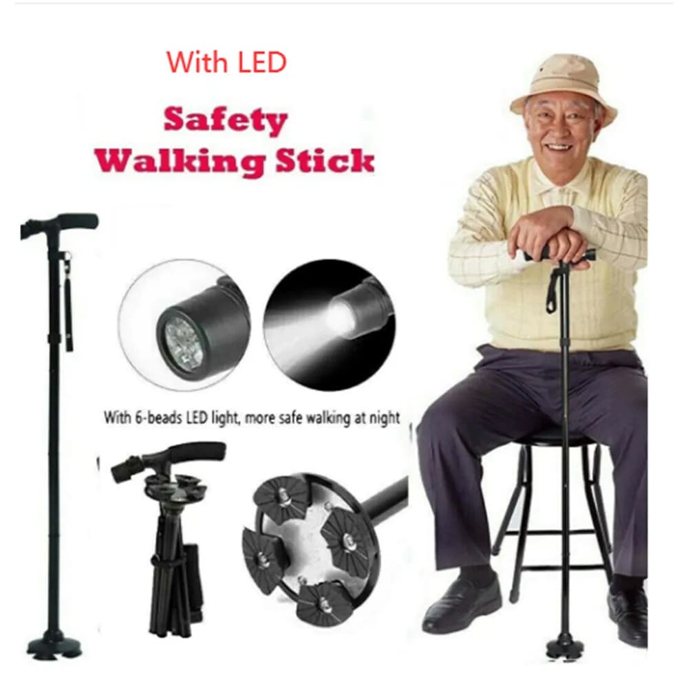 LCD folding walking stick with old torch, aluminum, for trips, excursions, trekking, with handle and strap, 5 levels of adjustment.