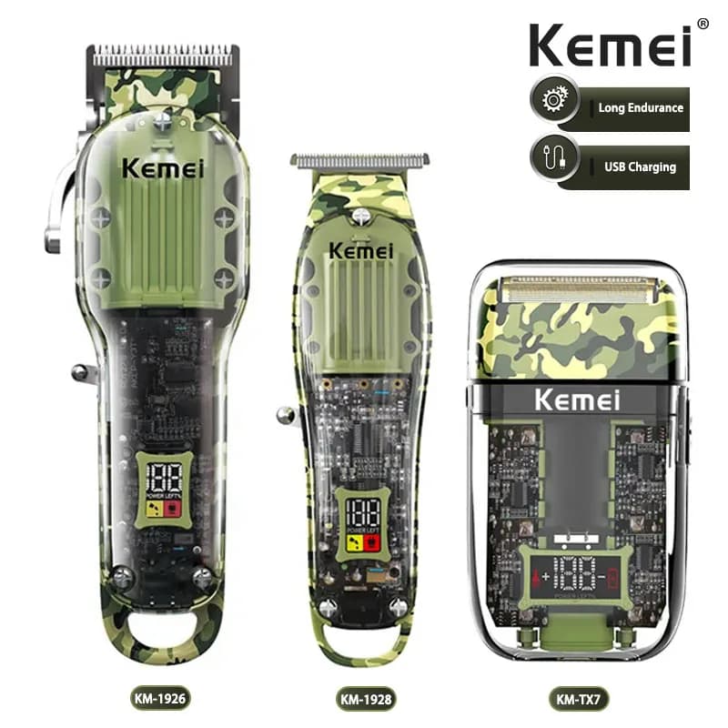 Kemei KM-2379 Transparent Body Electric Hair Clippers Kit,KM-1926 Rechargeable Trimmer,KM-TX7 Waterproof Men's Shaver Barber