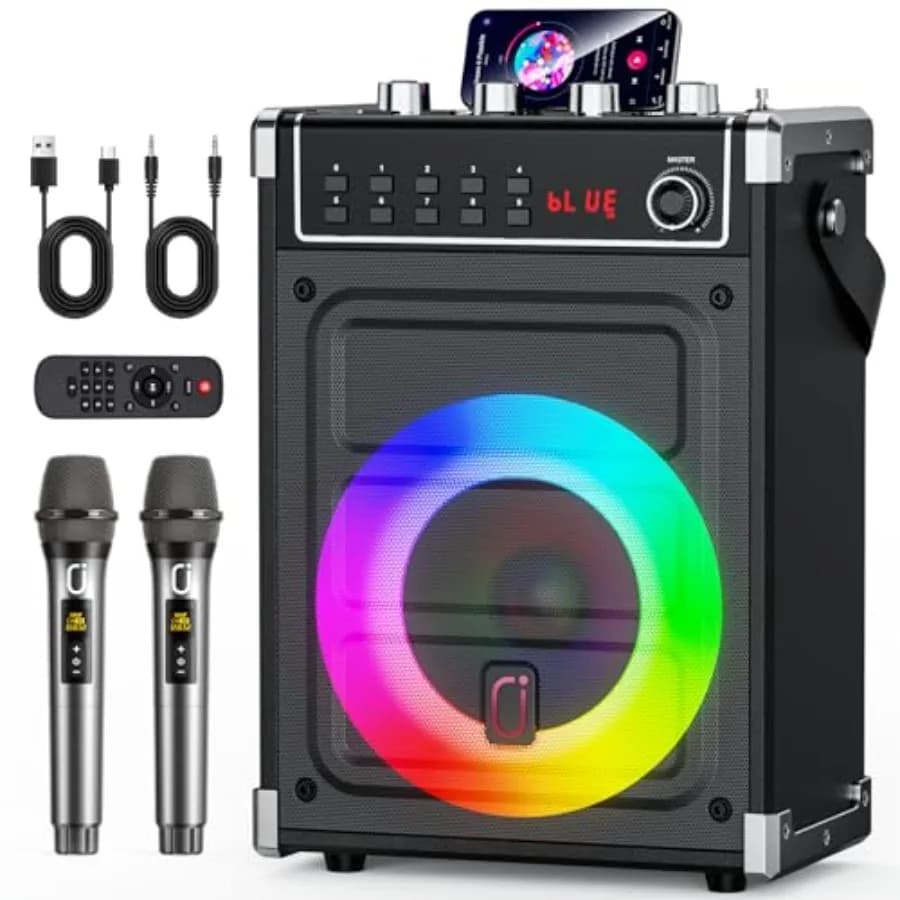 Karaoke Machine with 2 Wireless Microphones, Portable Bass/Treble Bluetooth Speaker with LED Light, Support TWS, AUX in, FM, RE