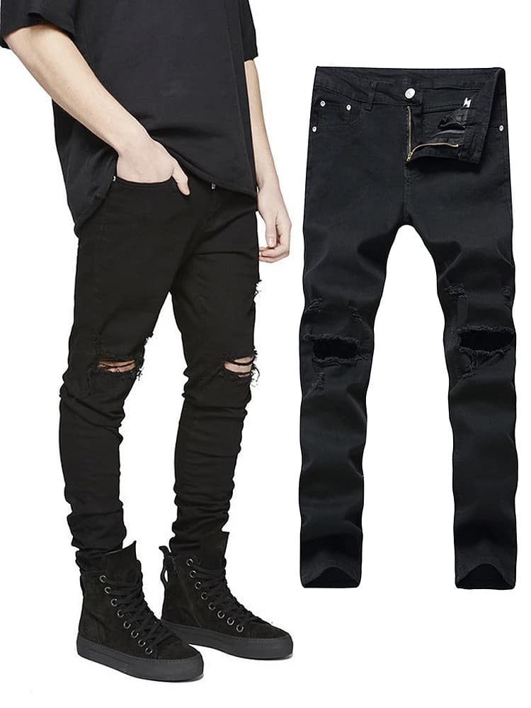 Jeans da Uomo Kanye West High Street Slim Fit con Strappi al Ginocchio, in Denim Elasticizzato di Cotone Nero, Vita Media, Chiusura con Cerniera, Stile Giovanile e di Tendenza