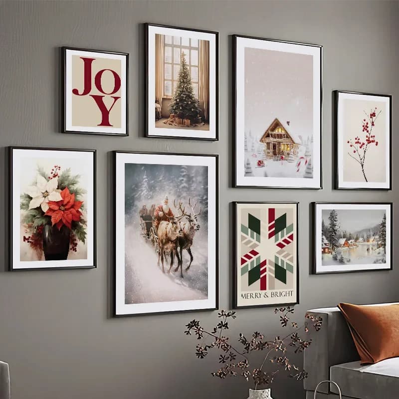 Wall Art Print Santa Claus Christmas Tree Gift Flower Diamond Painting Nordic Posters Prints Wall Pictures Living Room Decorat