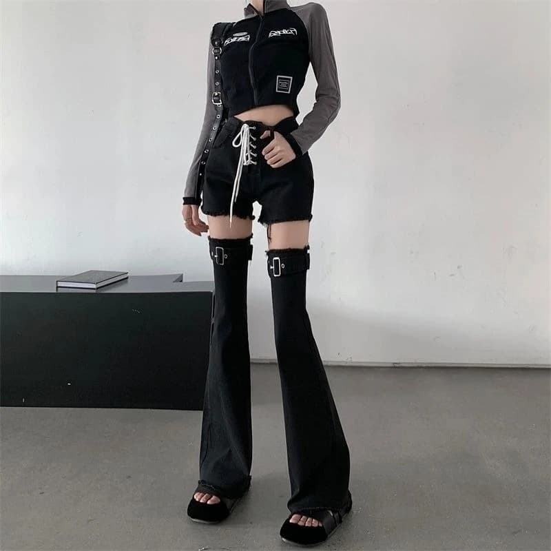 Designer Inspired Denim Trousers Women Adjustable Tie Waist Slim Fit Jeans Removable Shorts To Long Pants All Match Bottom Wear
