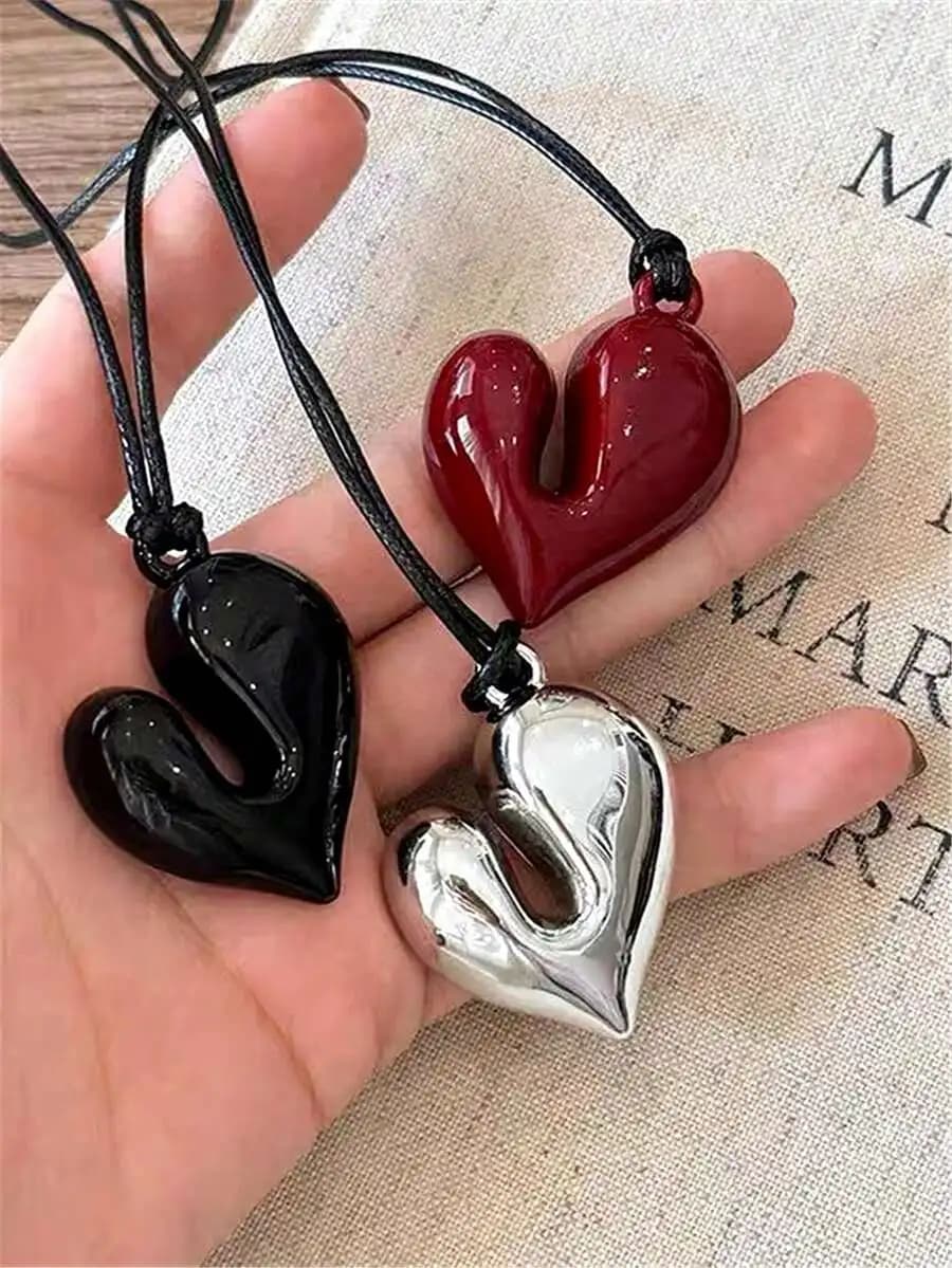 1pc Asymmetric Oversized Heart-Shaped Leather Cord Long Sweater Chain Necklace In Red, Black, Silver, Women Jewelry Gifts, Y2K S