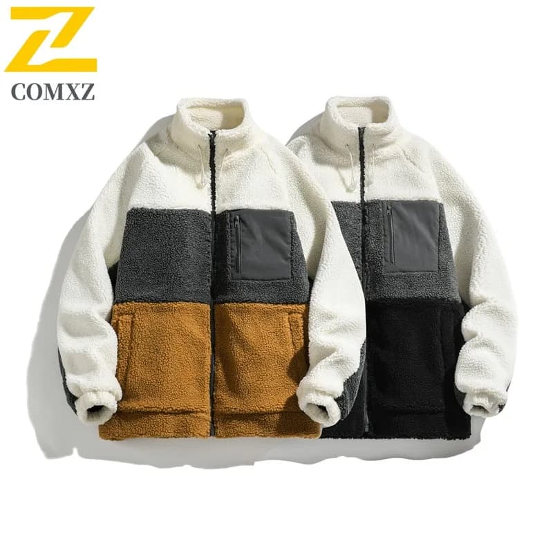 COMXZ 2025 Men's jacket lined in sherpa color block Autumn Winter Casual Trendy Lightweight warm cotton coat and often