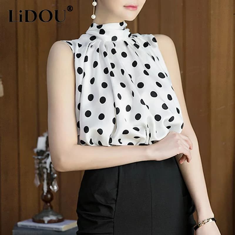 2024 Summer New Polka Dot Print Lace Up Elegant Fashion Lady's Chiffon Shirt With Sexy All-Flower Sleeve Pullover Top Women's Shirt