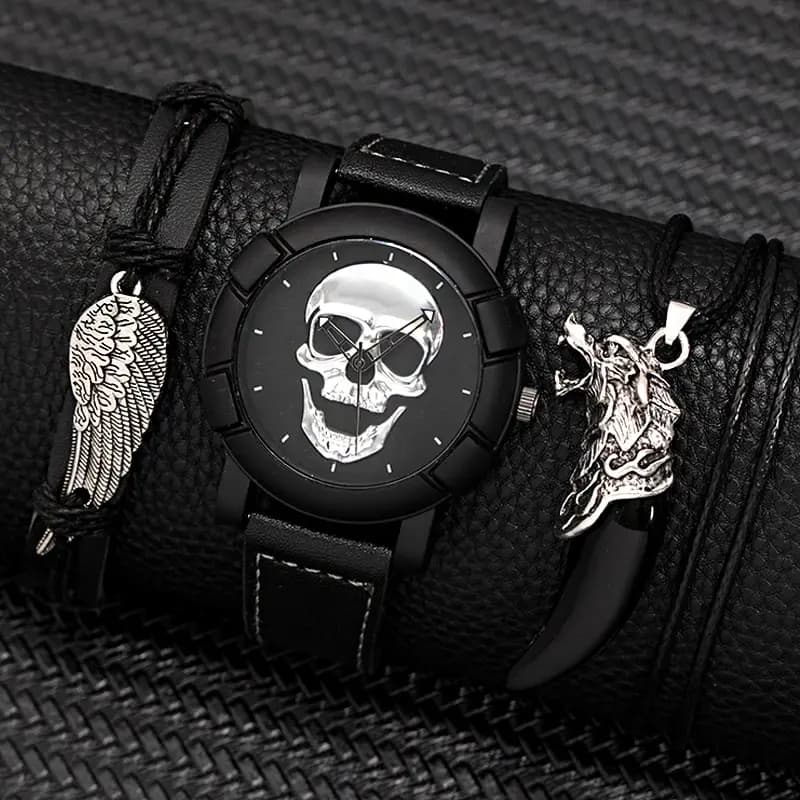 3PCS Set Fashion Mens Skull Watches Classic Men Business orologio al quarzo in pelle maschile Cool Black collana bracciale orologio da polso