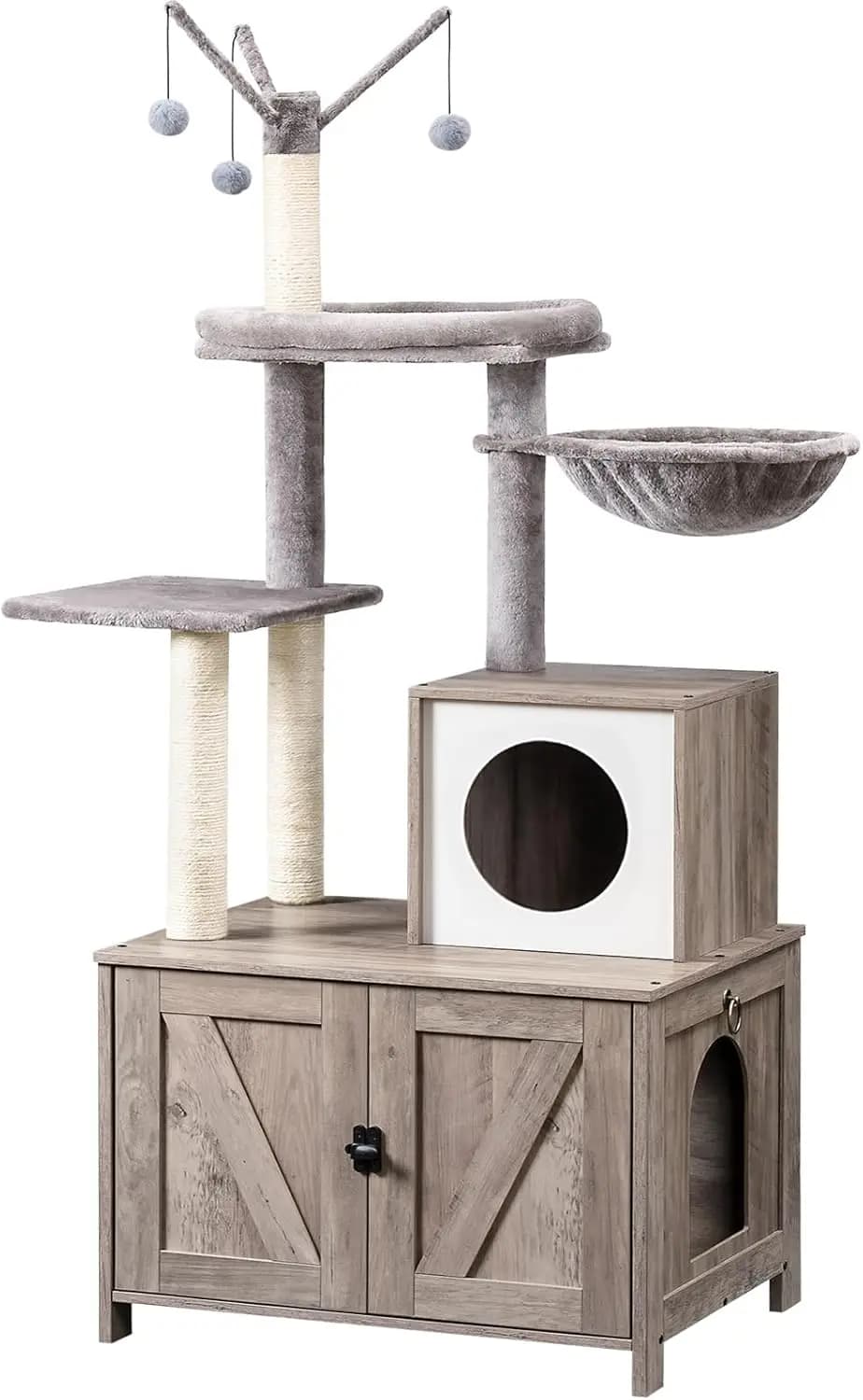 Torre per Gatti da Interno con Lettiera, in Legno, Grigio, Design Tutto-in-Uno