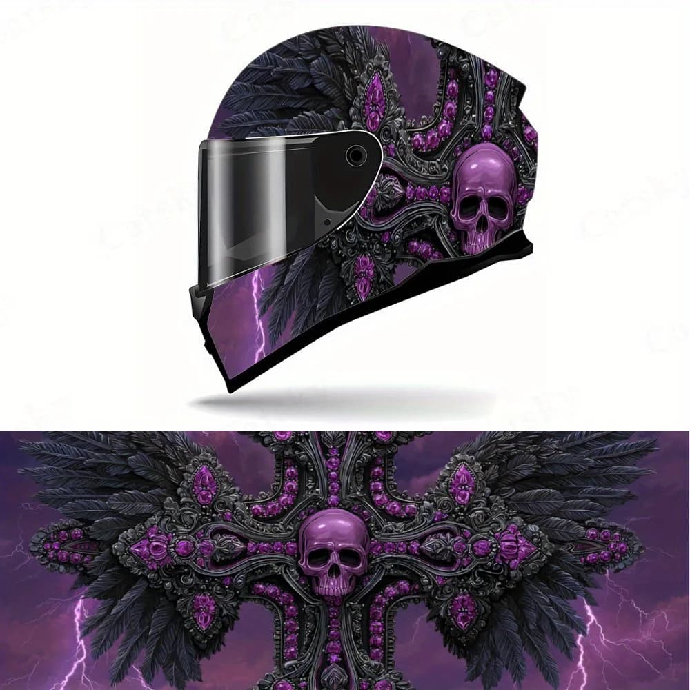 Misterioso teschio viola in PVC impermeabile resistente alla croce, decalcomania autoadesiva per casco da corsa per moto, regalo perfetto per la moto