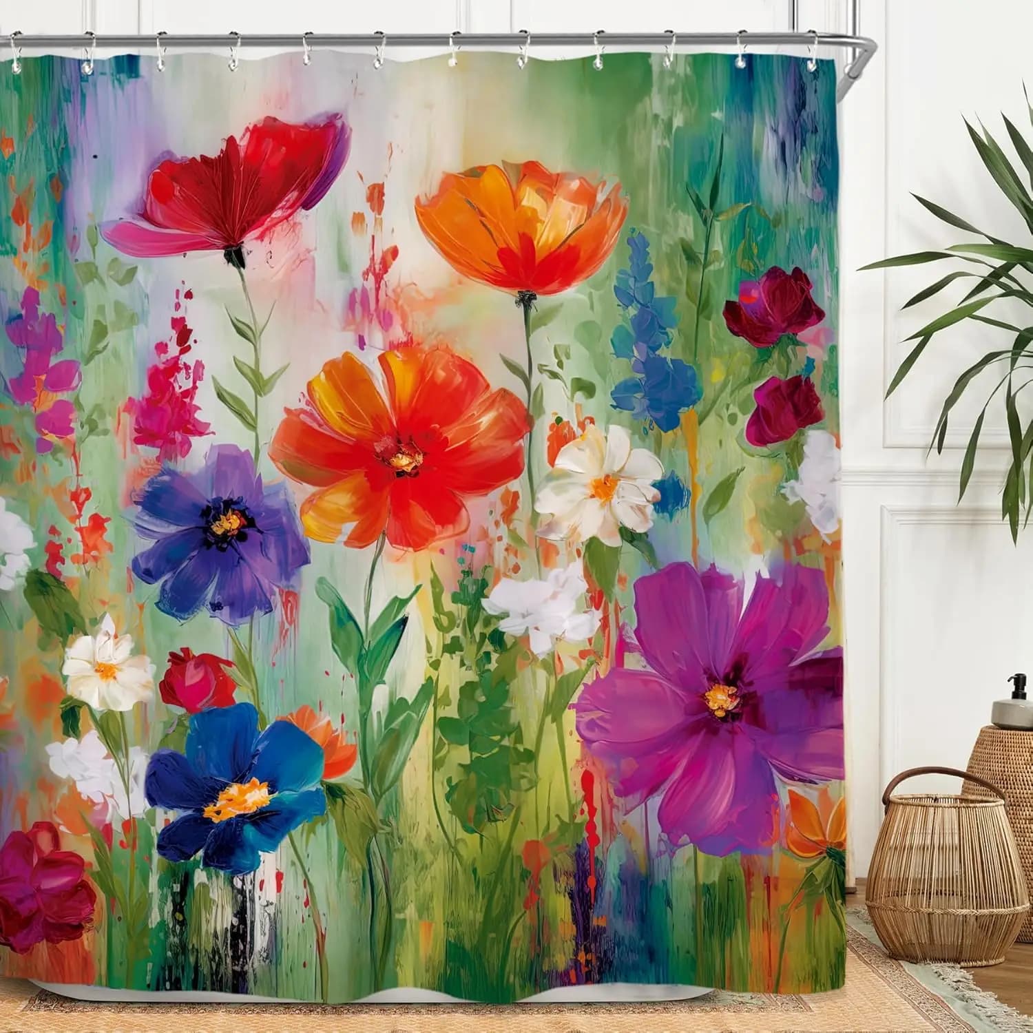 Tenda da doccia con fiori selvatici colorati, stampa floreale vivace per l'arredamento del bagno