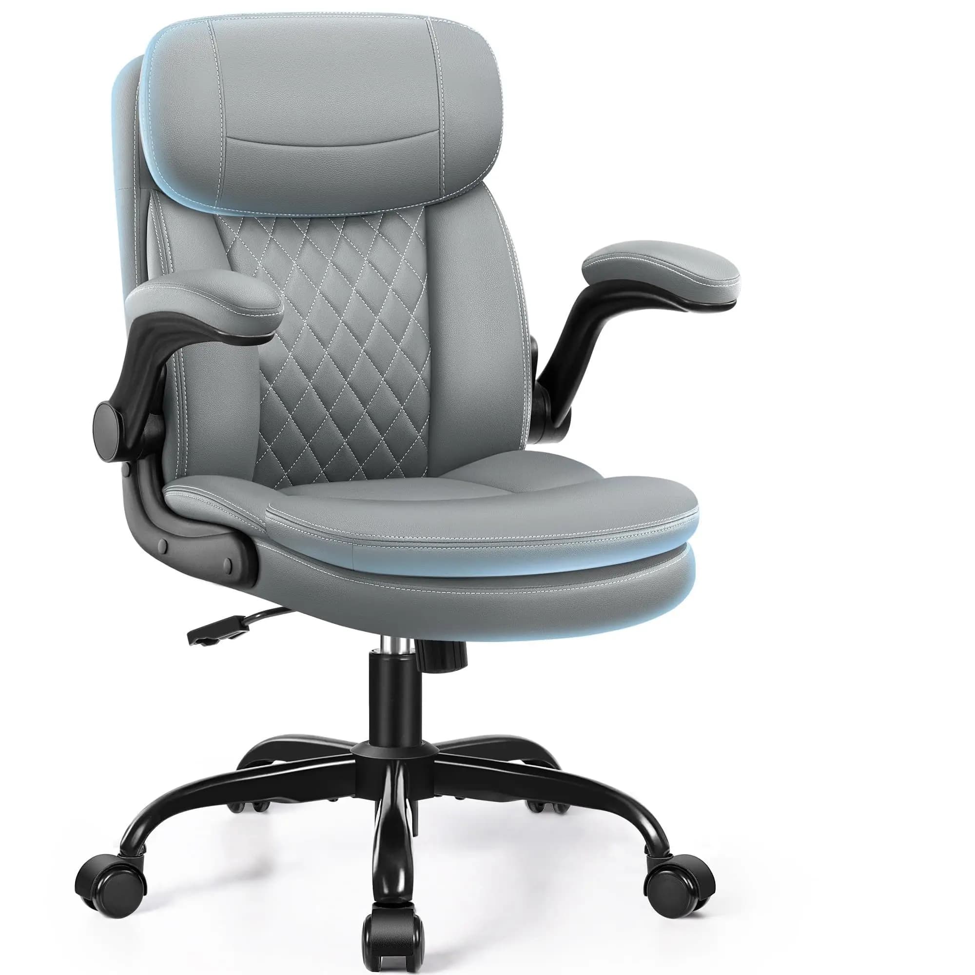 Sedia da Ufficio Ergonomica in PU con Cuscino a Doppio Strato e Poggiatesta Girevole a 360° ° Braccioli Girevoli Regolabili Grigi