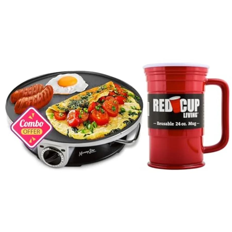 Piastra Elettrica per Crepes 13 Pollici - Portatile Antiaderente Perfetta per Pancake e Quesadillas, 2 Tazze Rosse da 24 Oz Ideali per Feste e Viaggi